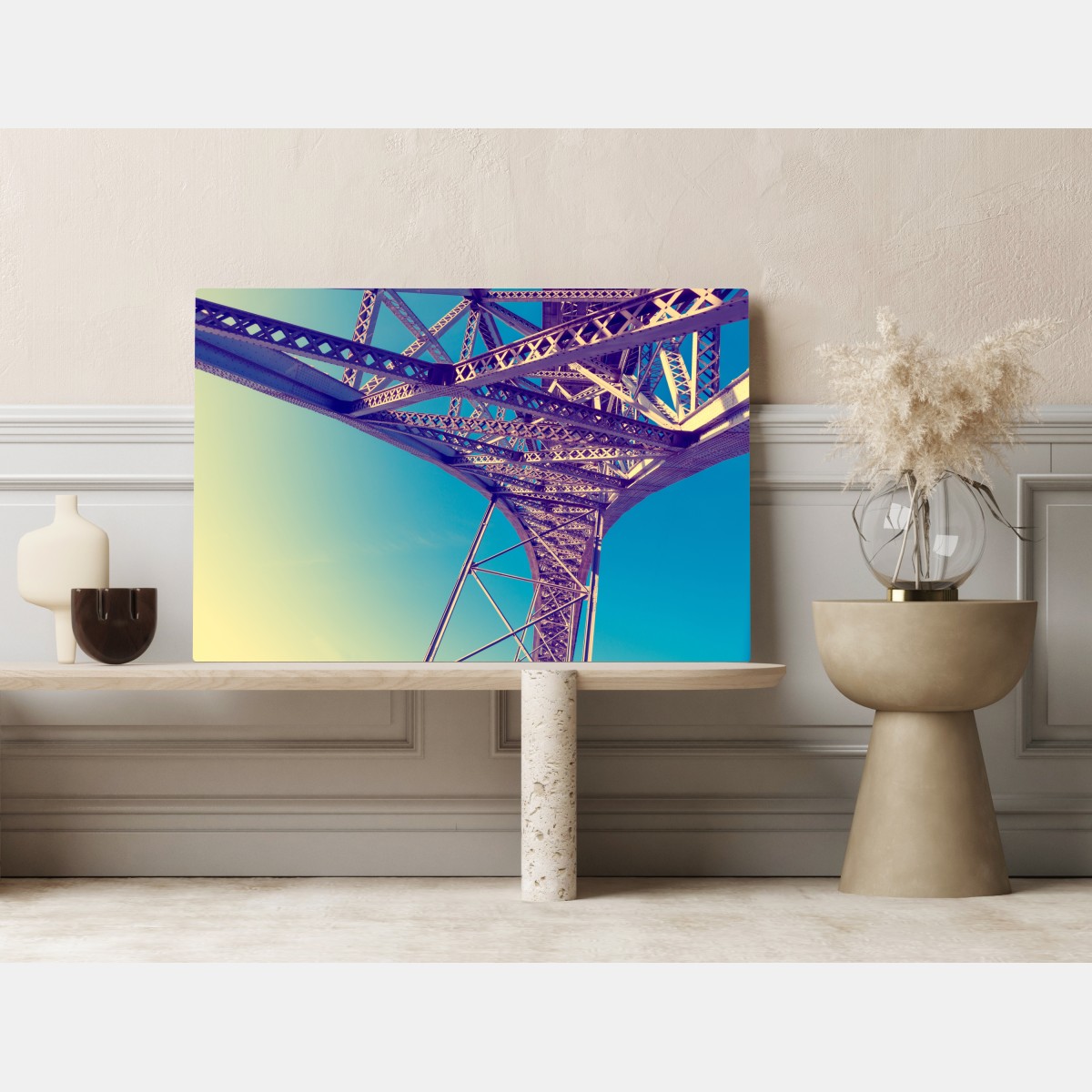 Obraz na płótnie abstrakcyjna stalowa konstrukcja mostu w perspektywie – Wallissimo® Obraz na płótnie abstrakcyjna stalowa konstrukcja mostu w perspektywie – Wallissimo®