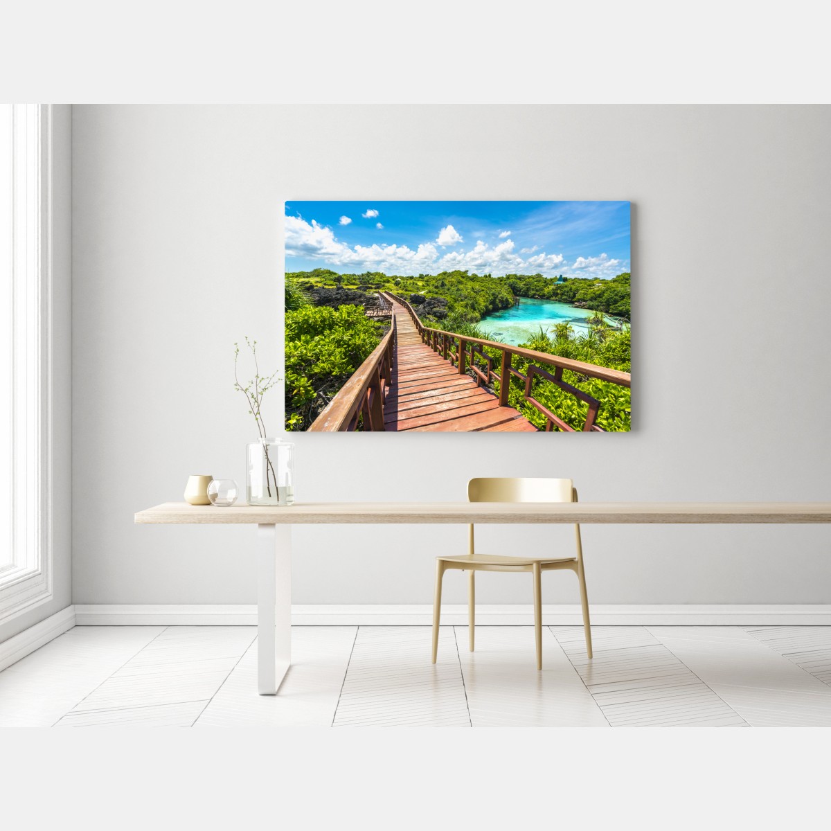 Obraz na płótnie tropikalna drewniana kładka nad turkusową laguną – Wallissimo® Obraz na płótnie tropikalna drewniana kładka nad turkusową laguną – Wallissimo®