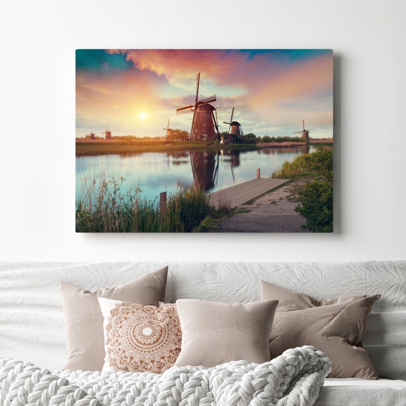 Obraz na płótnie zachód słońca nad wiatrakami w Holandii – Wallissimo® Obraz na płótnie zachód słońca nad wiatrakami w Holandii – Wallissimo®