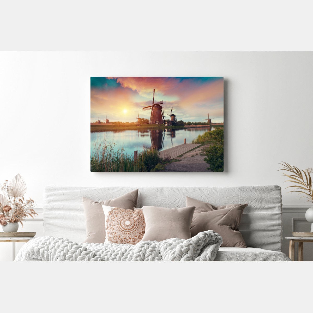 Obraz na płótnie zachód słońca nad wiatrakami w Holandii – Wallissimo® Obraz na płótnie zachód słońca nad wiatrakami w Holandii – Wallissimo®