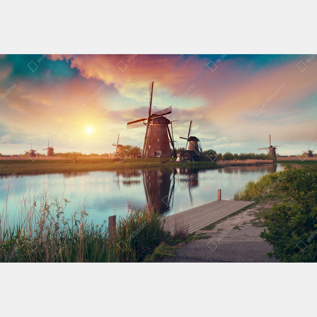 Obraz na płótnie zachód słońca nad wiatrakami w Holandii – Wallissimo® Obraz na płótnie zachód słońca nad wiatrakami w Holandii – Wallissimo®