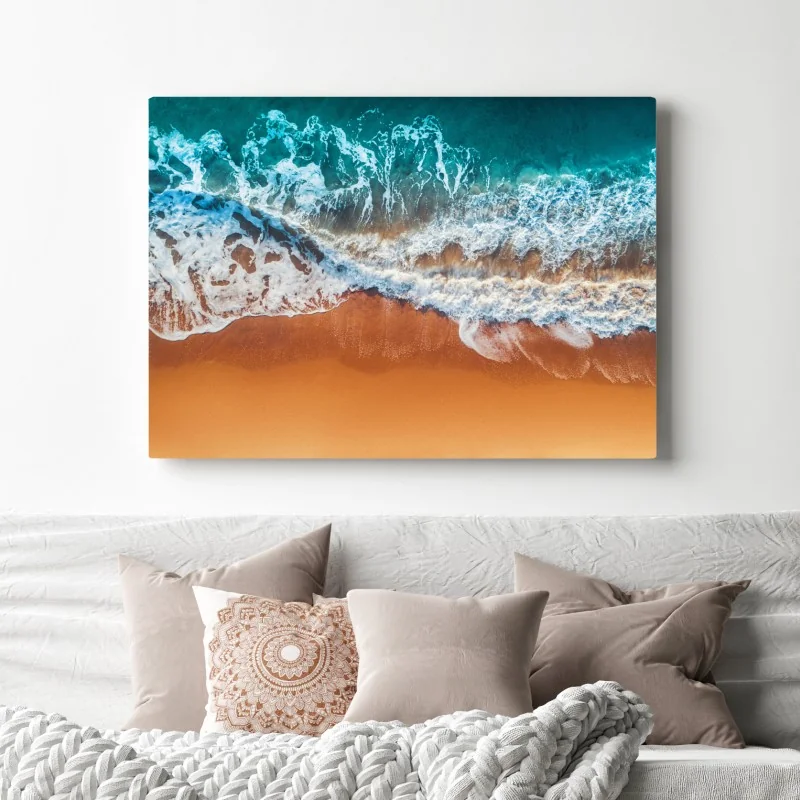 Obraz na płótnie lotnicze ujęcie turkusowych fal na piaszczystej plaży – Wallissimo® Obraz na płótnie lotnicze ujęcie turkusowych fal na piaszczystej plaży – Wallissimo®