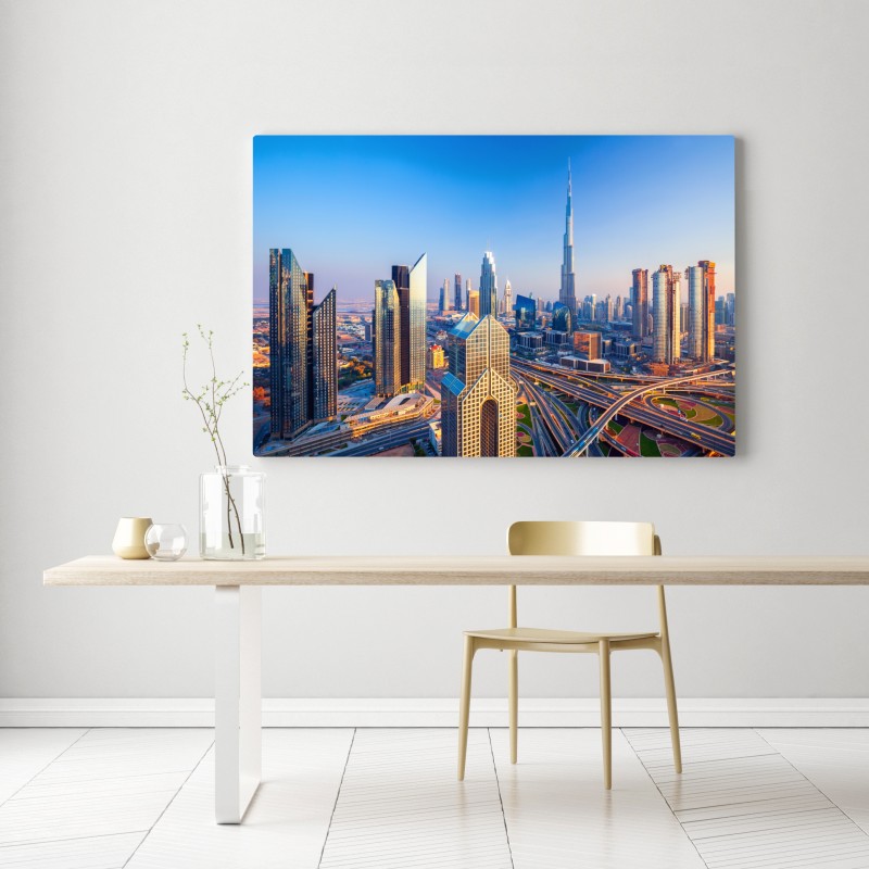 Obraz na płótnie panorama Dubaju z Burj Khalifa o zachodzie słońca – Wallissimo® Obraz na płótnie panorama Dubaju z Burj Khalifa o zachodzie słońca – Wallissimo®