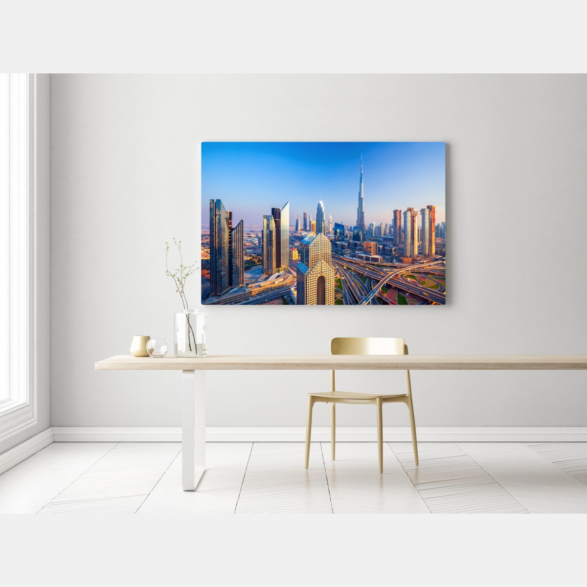 Obraz na płótnie panorama Dubaju z Burj Khalifa o zachodzie słońca – Wallissimo® Obraz na płótnie panorama Dubaju z Burj Khalifa o zachodzie słońca – Wallissimo®