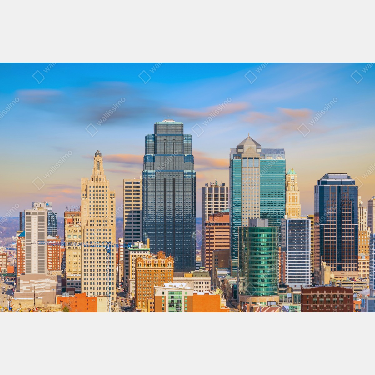 Obraz na płótnie panorama Kansas City o zachodzie słońca – Wallissimo® Obraz na płótnie panorama Kansas City o zachodzie słońca – Wallissimo®