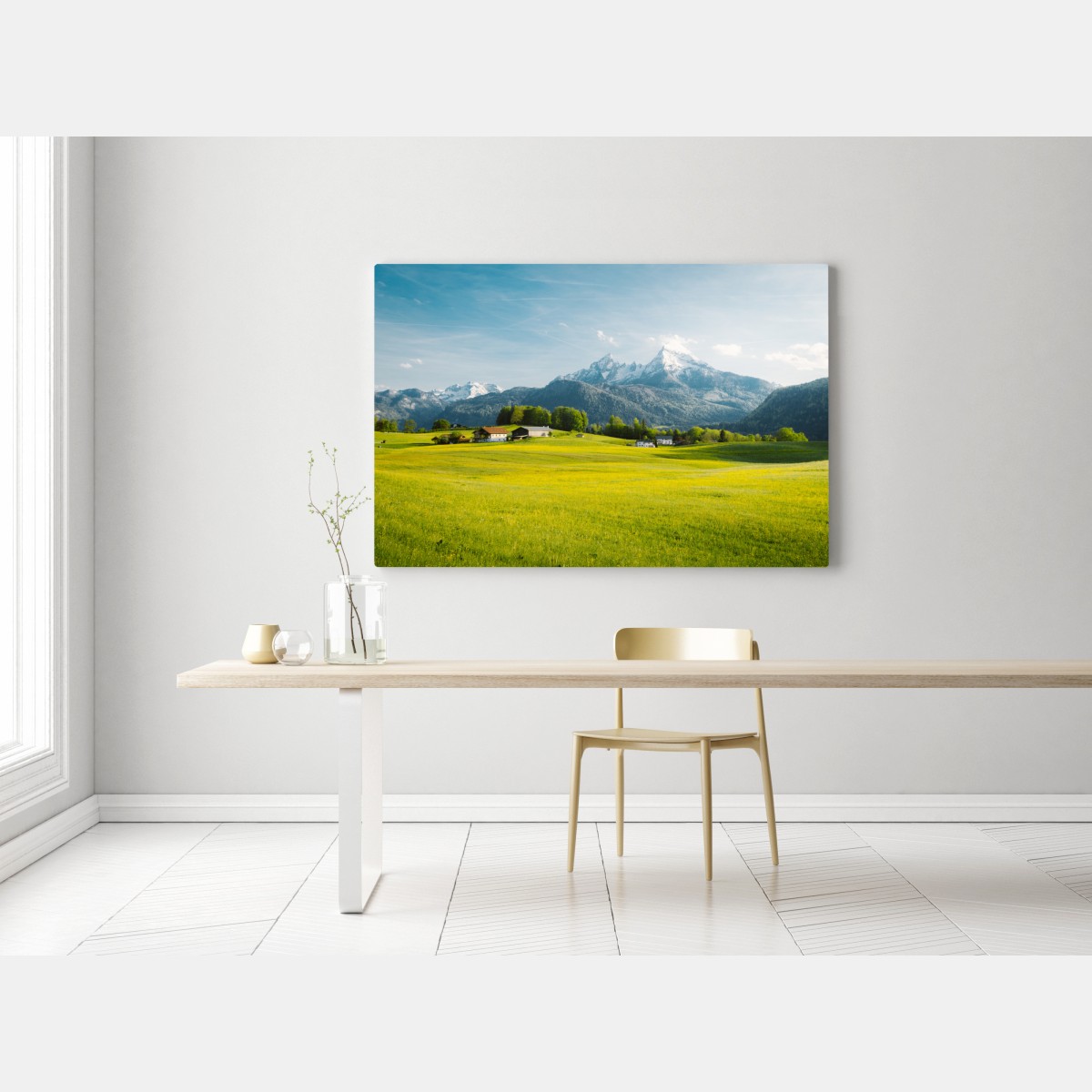 Obraz na płótnie alpejska łąka pod ośnieżonymi szczytami – Wallissimo® Obraz na płótnie alpejska łąka pod ośnieżonymi szczytami – Wallissimo®