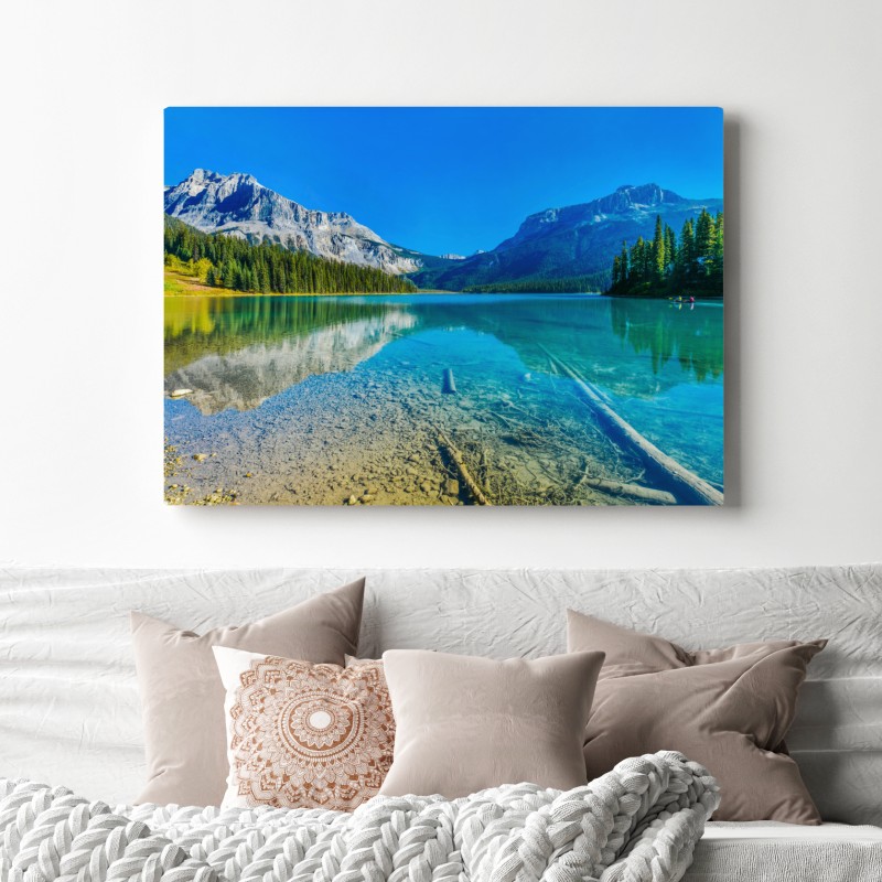 Obraz na płótnie turkusowe alpejskie jezioro z odbiciami gór – Wallissimo® Obraz na płótnie turkusowe alpejskie jezioro z odbiciami gór – Wallissimo®