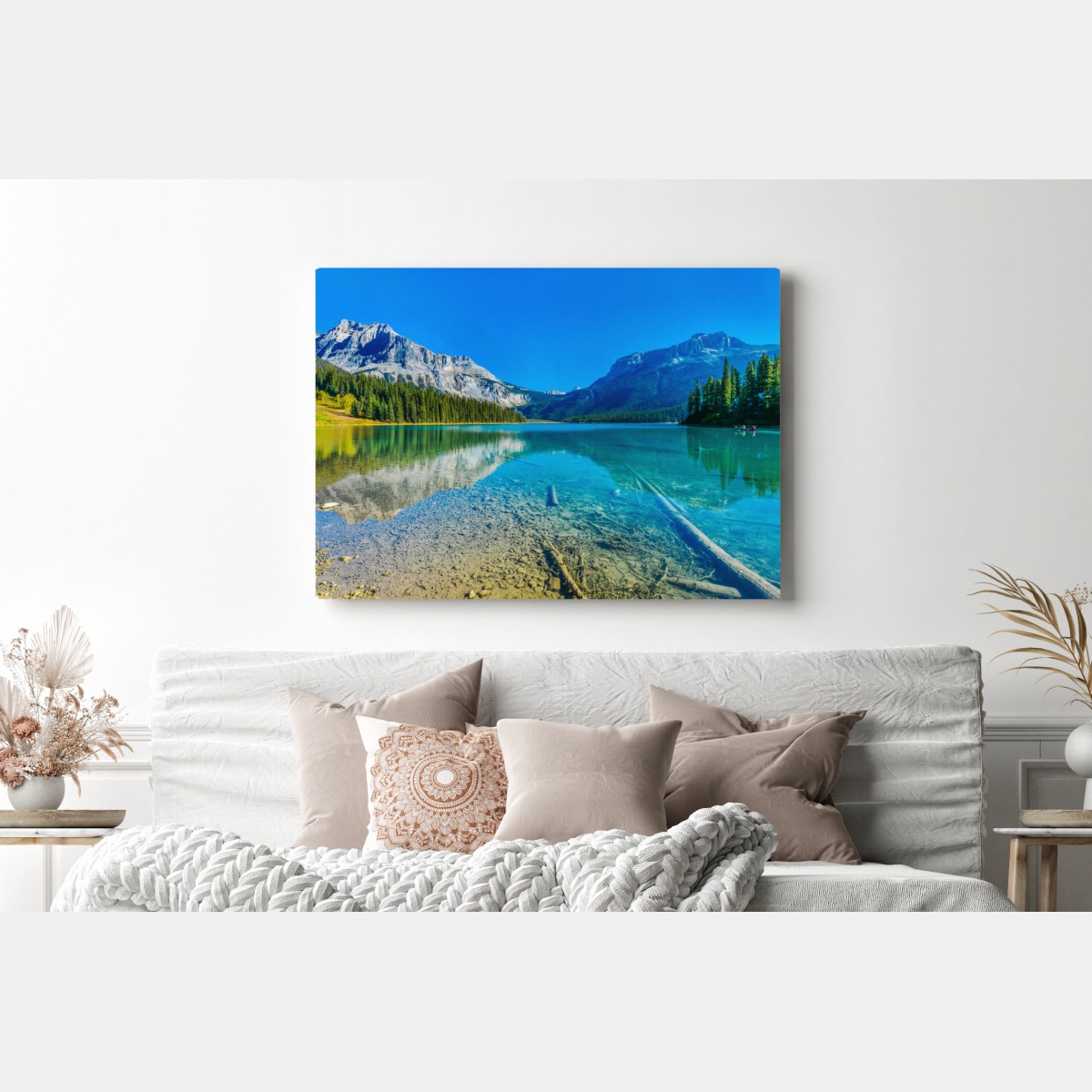 Obraz na płótnie turkusowe alpejskie jezioro z odbiciami gór – Wallissimo® Obraz na płótnie turkusowe alpejskie jezioro z odbiciami gór – Wallissimo®