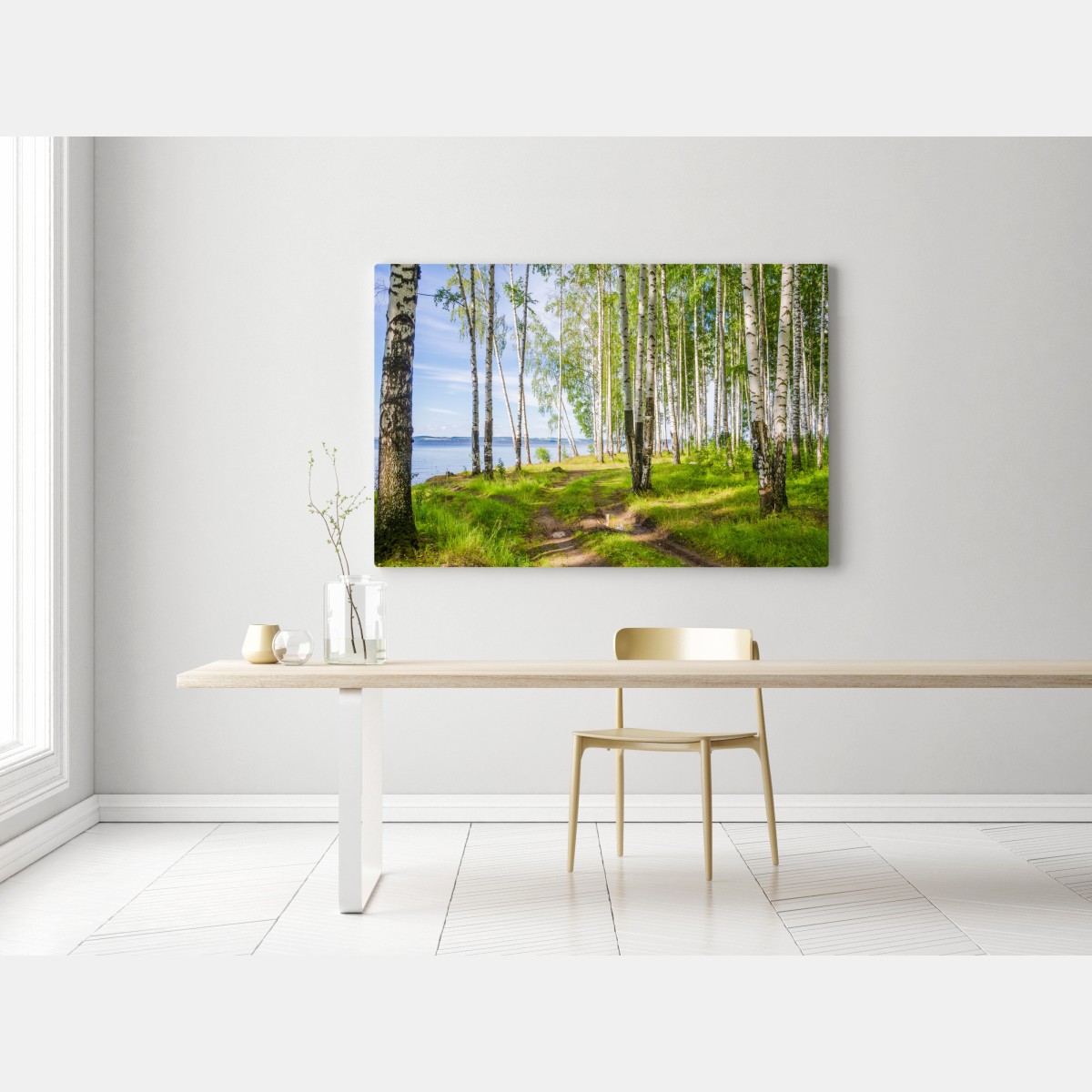 Obraz na płótnie słoneczny zagajnik brzozowy nad wodą – Wallissimo® Obraz na płótnie słoneczny zagajnik brzozowy nad wodą – Wallissimo®