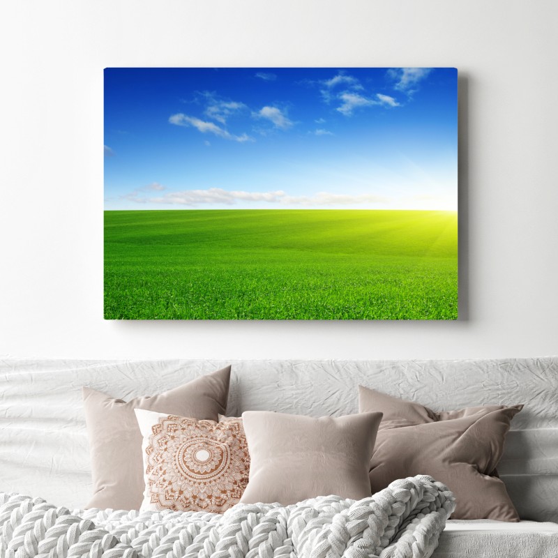 Obraz na płótnie słoneczna zielona łąka o wschodzie – Wallissimo® Obraz na płótnie słoneczna zielona łąka o wschodzie – Wallissimo®