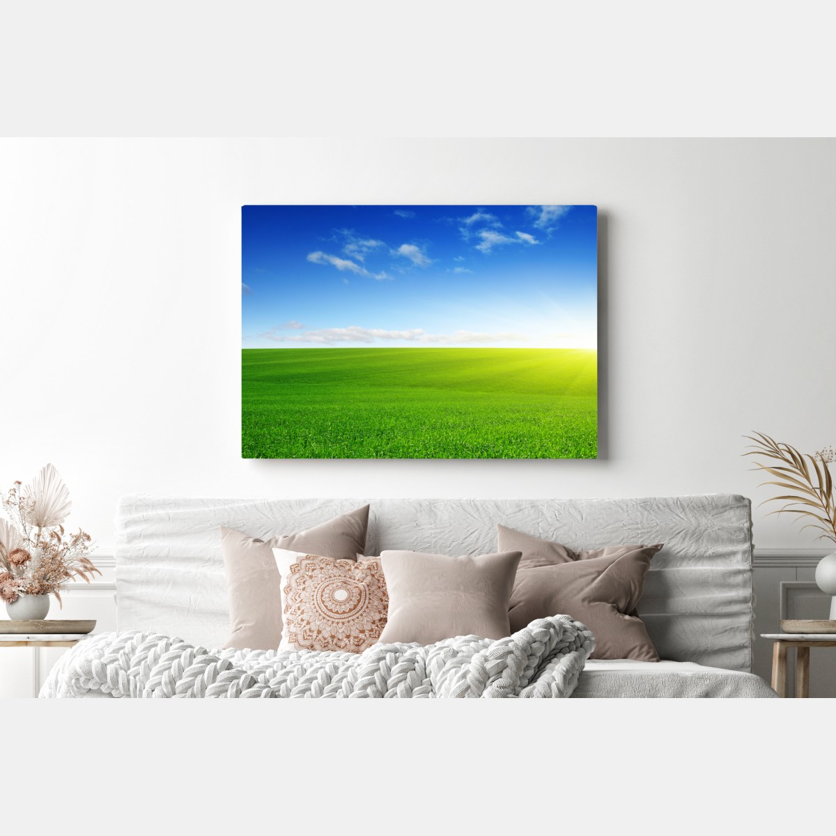 Obraz na płótnie słoneczna zielona łąka o wschodzie – Wallissimo® Obraz na płótnie słoneczna zielona łąka o wschodzie – Wallissimo®