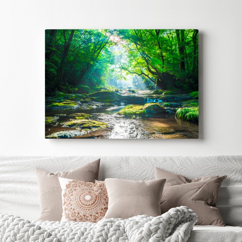 Obraz na płótnie słoneczny leśny strumień z mchem – Wallissimo® Obraz na płótnie słoneczny leśny strumień z mchem – Wallissimo®