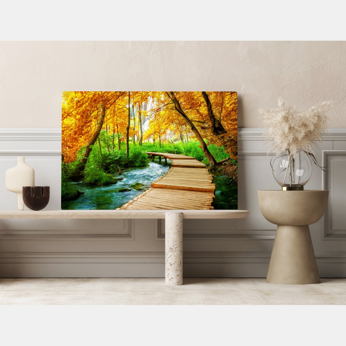 Obraz na płótnie złoty pomost w lesie nad Plitwickimi Jeziorami – Wallissimo® Obraz na płótnie złoty pomost w lesie nad Plitwickimi Jeziorami – Wallissimo®