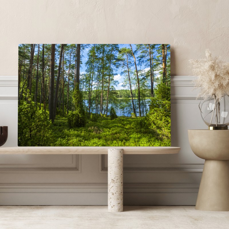 Obraz na płótnie spokojny las sosnowy nad jeziorem – Wallissimo® Obraz na płótnie spokojny las sosnowy nad jeziorem – Wallissimo®