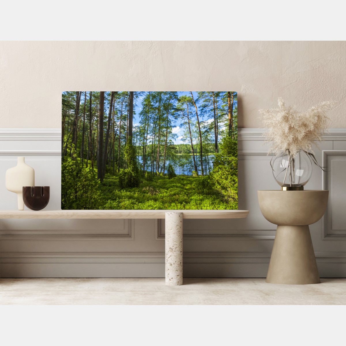 Obraz na płótnie spokojny las sosnowy nad jeziorem – Wallissimo® Obraz na płótnie spokojny las sosnowy nad jeziorem – Wallissimo®
