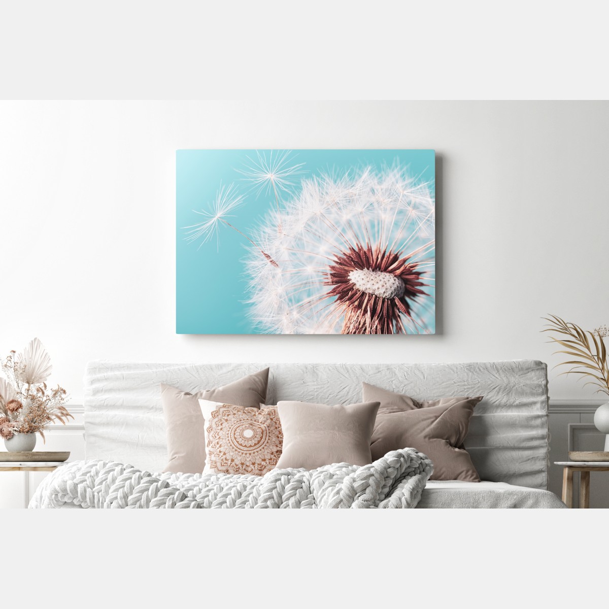 Obraz na płótnie delikatny dmuchawiec na turkusowym tle – Wallissimo® Obraz na płótnie delikatny dmuchawiec na turkusowym tle – Wallissimo®