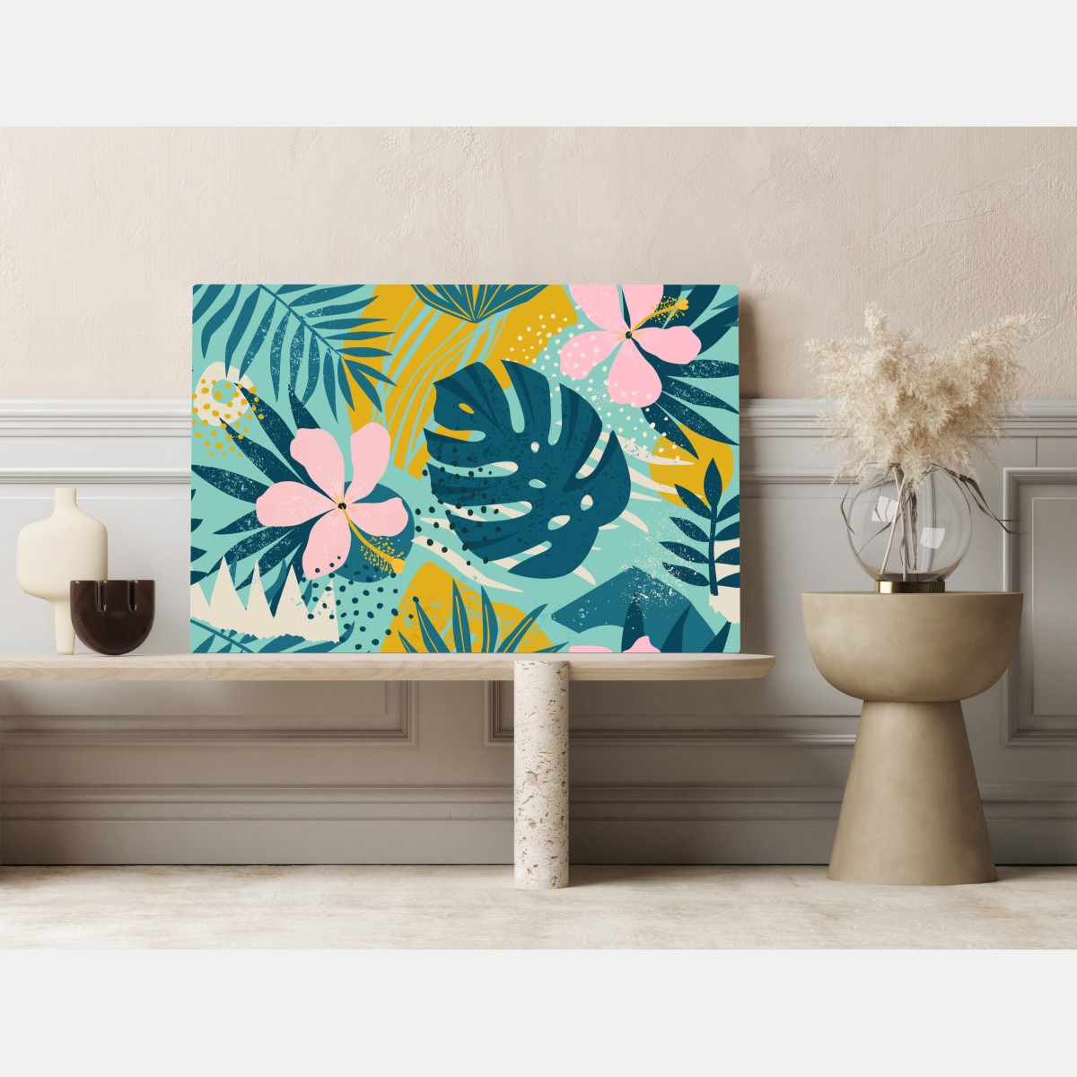 Obraz na płótnie tropikalne liście i kwiaty – Wallissimo® Obraz na płótnie tropikalne liście i kwiaty – Wallissimo®