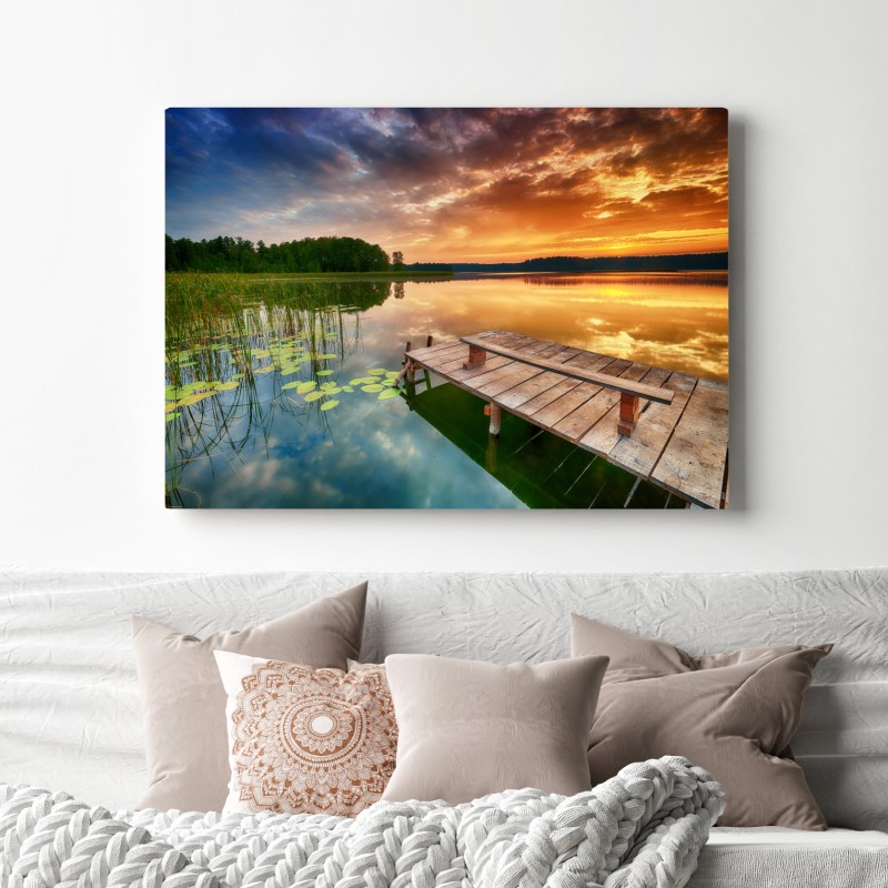 Obraz na płótnie złoty wschód słońca nad spokojnym jeziorem – Wallissimo® Obraz na płótnie złoty wschód słońca nad spokojnym jeziorem – Wallissimo®