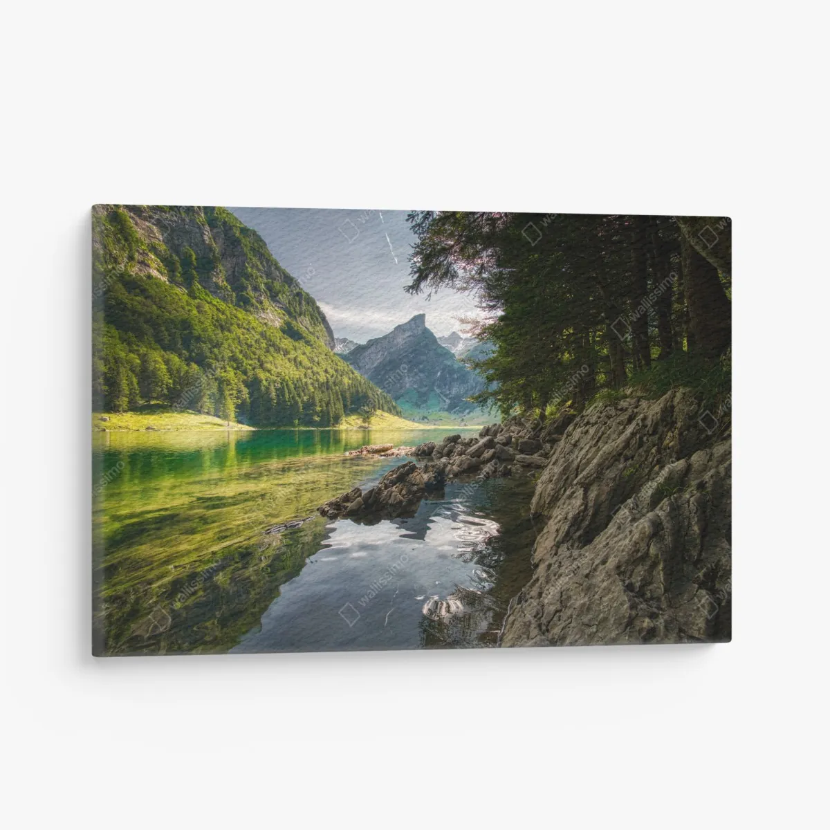 Obraz na płótnie spokojne górskie jezioro z odbiciami lasu – Wallissimo® Obraz na płótnie spokojne górskie jezioro z odbiciami lasu – Wallissimo®