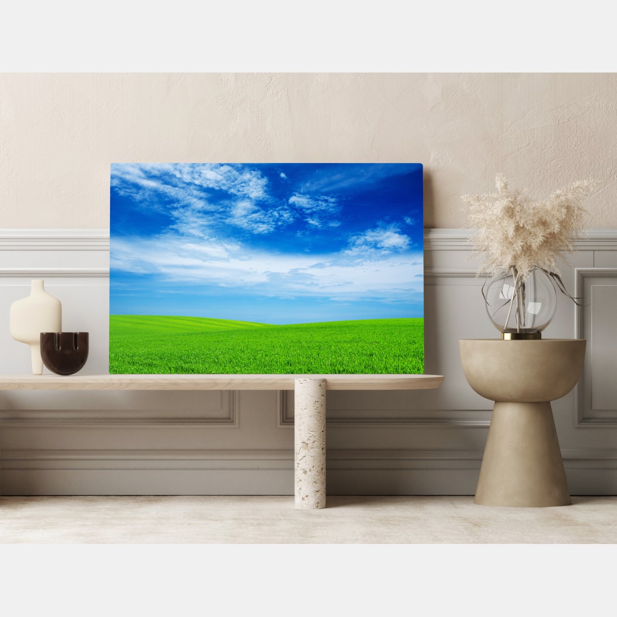 Obraz na płótnie zielona łąka pod błękitnym niebem – Wallissimo® Obraz na płótnie zielona łąka pod błękitnym niebem – Wallissimo®