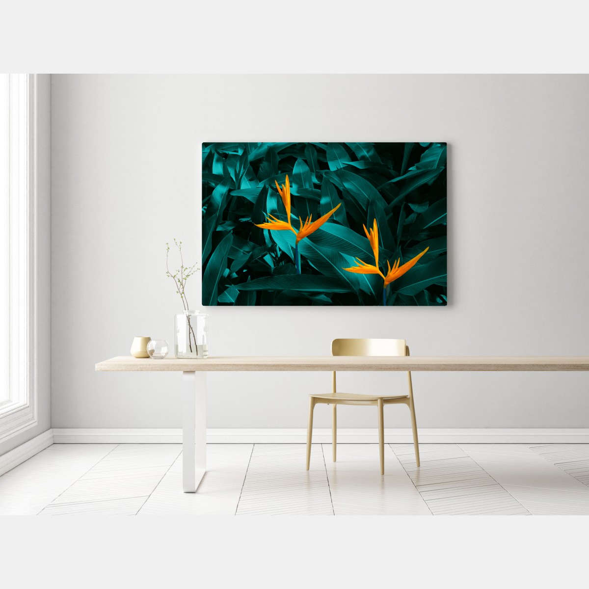 Obraz na płótnie tropikalna strelicja na turkusowych liściach – Wallissimo® Obraz na płótnie tropikalna strelicja na turkusowych liściach – Wallissimo®