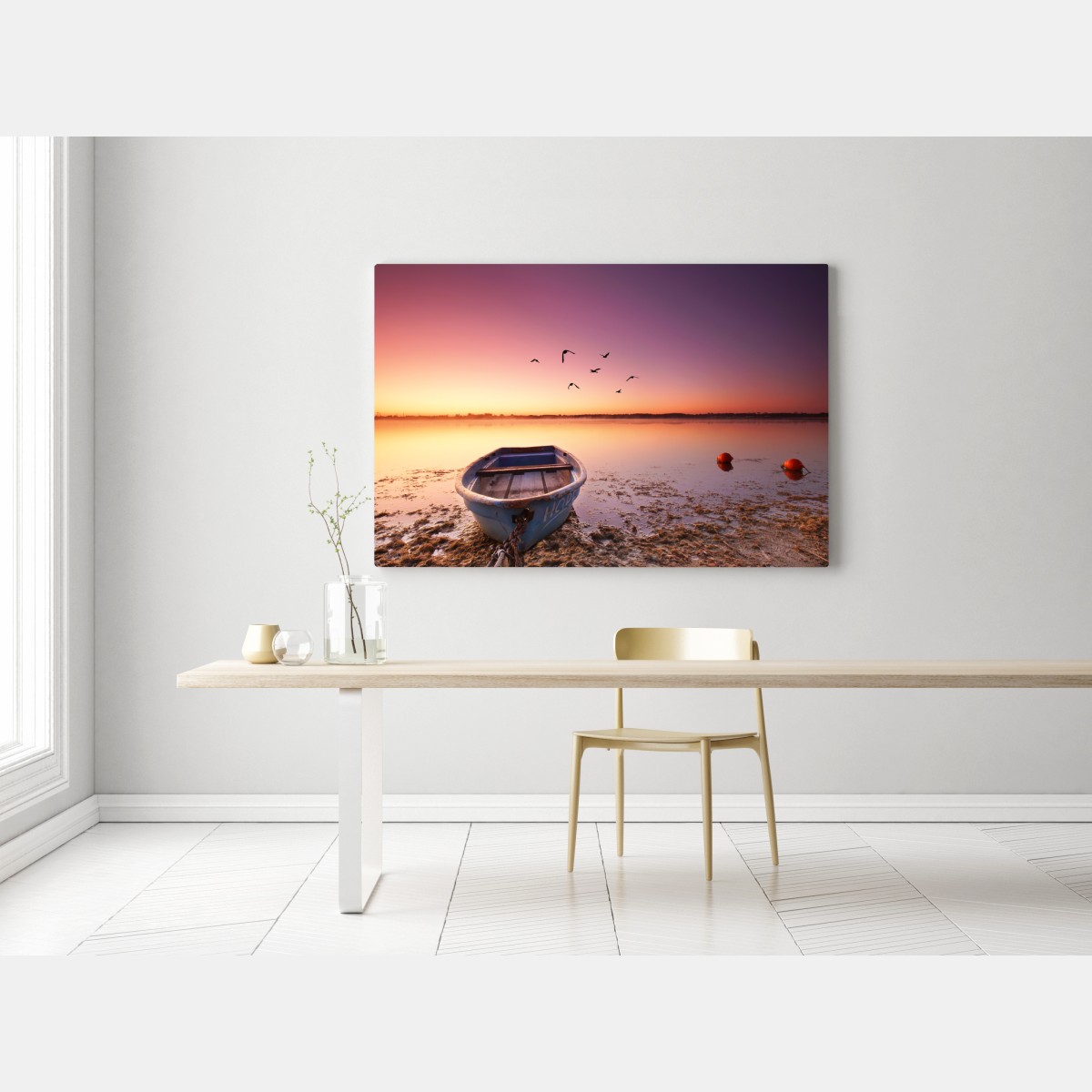 Obraz na płótnie spokojna łódź o zmierzchu nad jeziorem – Wallissimo® Obraz na płótnie spokojna łódź o zmierzchu nad jeziorem – Wallissimo®