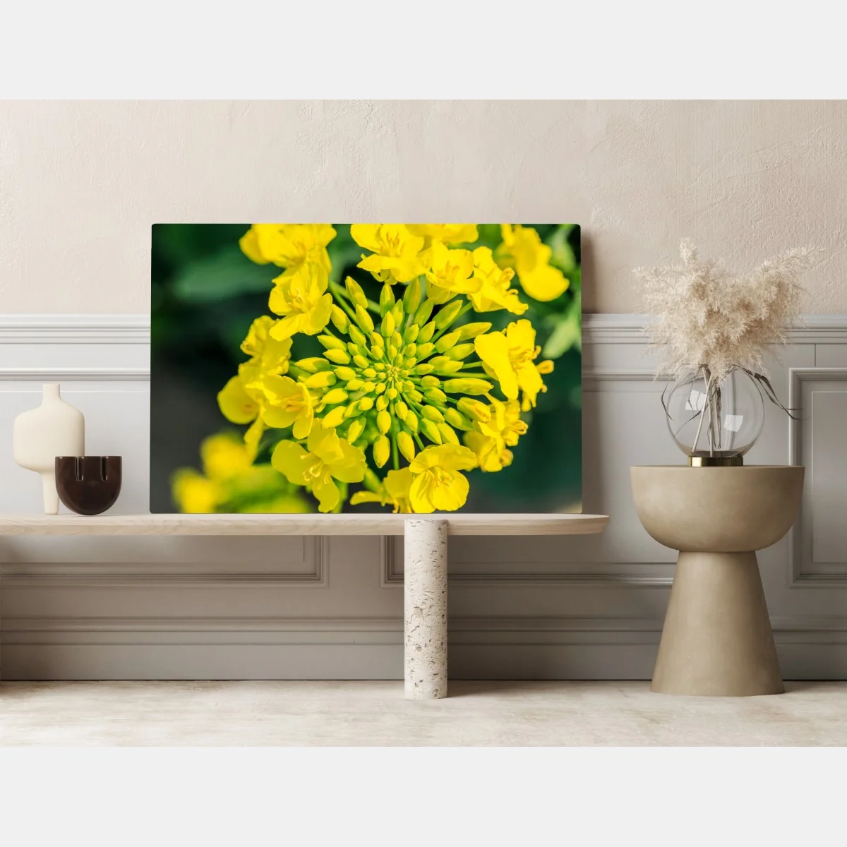 Obraz na płótnie żywy żółty kwiat rzepaku w zbliżeniu – Wallissimo® Obraz na płótnie żywy żółty kwiat rzepaku w zbliżeniu – Wallissimo®