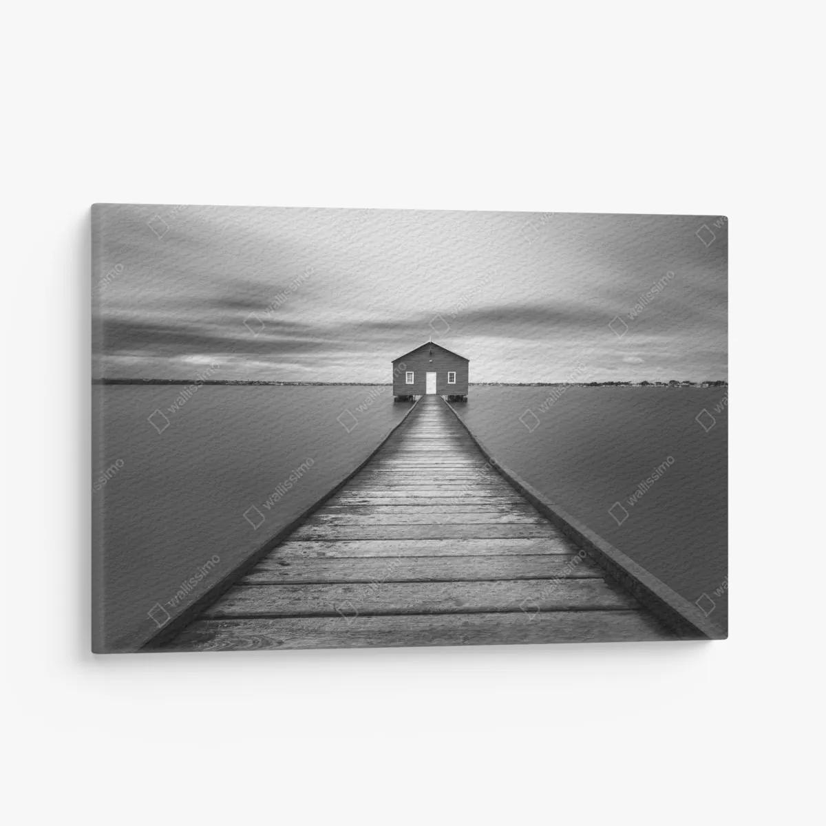 Obraz na płótnie samotny domek na pomoście nad spokojną wodą – Wallissimo® Obraz na płótnie samotny domek na pomoście nad spokojną wodą – Wallissimo®
