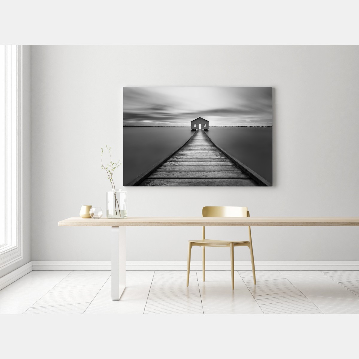 Obraz na płótnie samotny domek na pomoście nad spokojną wodą – Wallissimo® Obraz na płótnie samotny domek na pomoście nad spokojną wodą – Wallissimo®