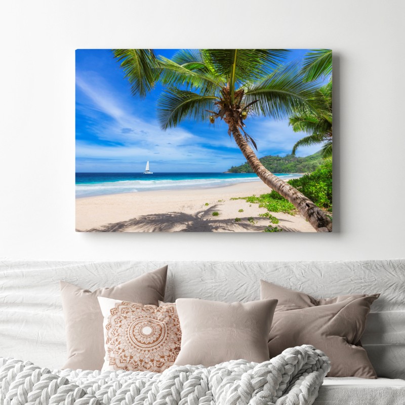 Obraz na płótnie tropikalna plaża z palmą – Wallissimo® Obraz na płótnie tropikalna plaża z palmą – Wallissimo®