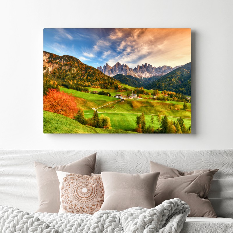 Obraz na płótnie jesienny zachód słońca nad Santa Maddalena, Dolomity – Wallissimo® Obraz na płótnie jesienny zachód słońca nad Santa Maddalena, Dolomity – Wallissimo®