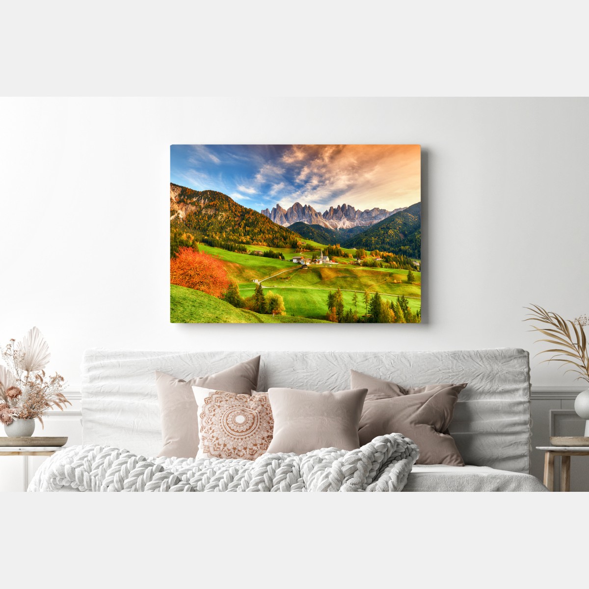 Obraz na płótnie jesienny zachód słońca nad Santa Maddalena, Dolomity – Wallissimo® Obraz na płótnie jesienny zachód słońca nad Santa Maddalena, Dolomity – Wallissimo®