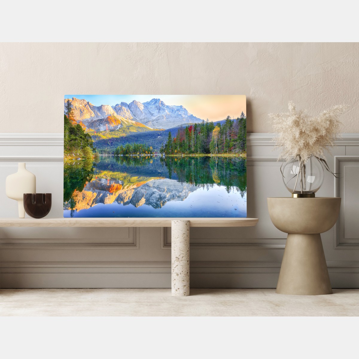 Obraz na płótnie jesienne odbicie na Eibsee przy Zugspitze – Wallissimo® Obraz na płótnie jesienne odbicie na Eibsee przy Zugspitze – Wallissimo®