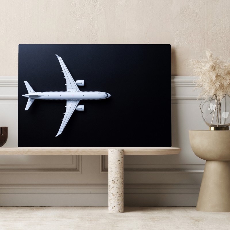 Obraz na płótnie biały samolot widok z góry na czarnym tle – Wallissimo® Obraz na płótnie biały samolot widok z góry na czarnym tle – Wallissimo®
