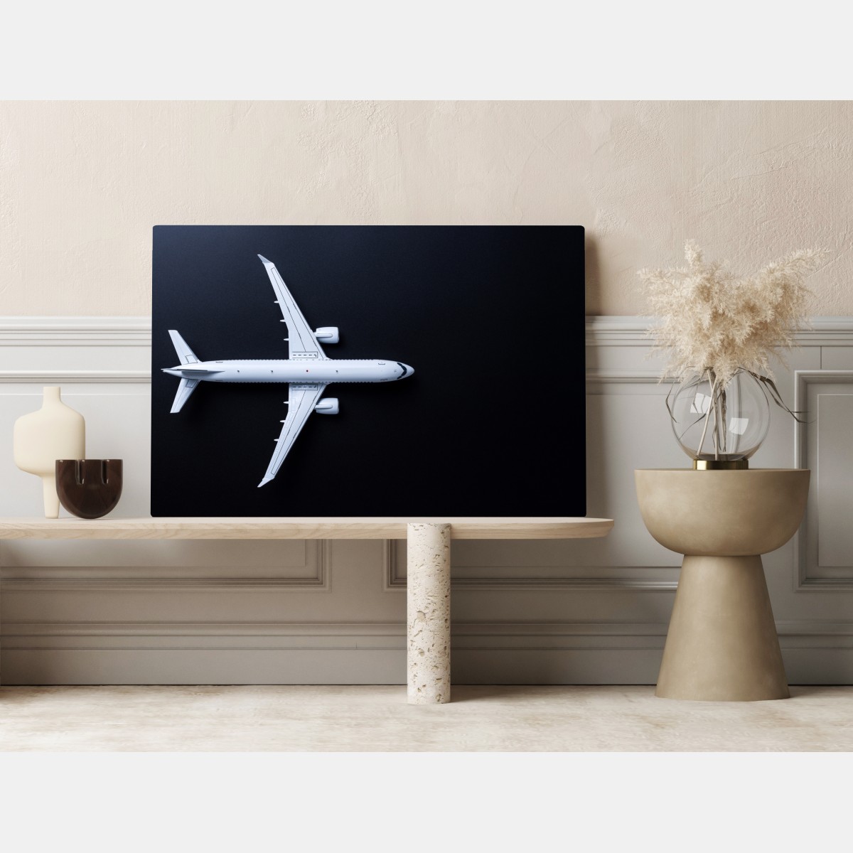 Obraz na płótnie biały samolot widok z góry na czarnym tle – Wallissimo® Obraz na płótnie biały samolot widok z góry na czarnym tle – Wallissimo®