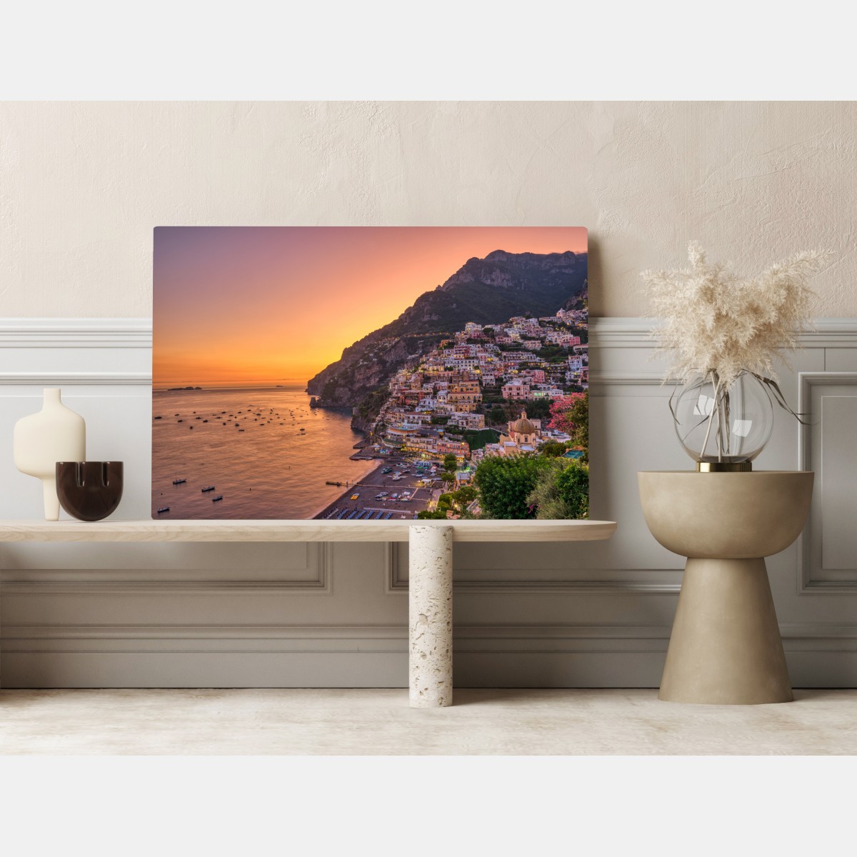 Obraz na płótnie zachód słońca nad Positano, Wybrzeże Amalfitańskie – Wallissimo® Obraz na płótnie zachód słońca nad Positano, Wybrzeże Amalfitańskie – Wallissimo®