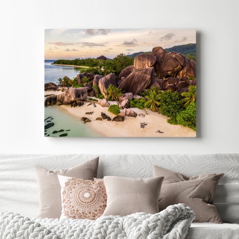 Obraz na płótnie Anse d'Argent tropikalna plaża z granitowymi głazami – Wallissimo® Obraz na płótnie Anse d'Argent tropikalna plaża z granitowymi głazami – Wallissimo®