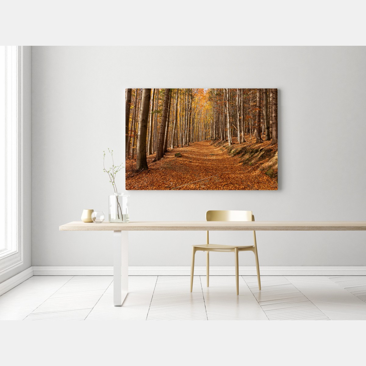 Obraz na płótnie jesienna ścieżka leśna w złotych liściach – Wallissimo® Obraz na płótnie jesienna ścieżka leśna w złotych liściach – Wallissimo®