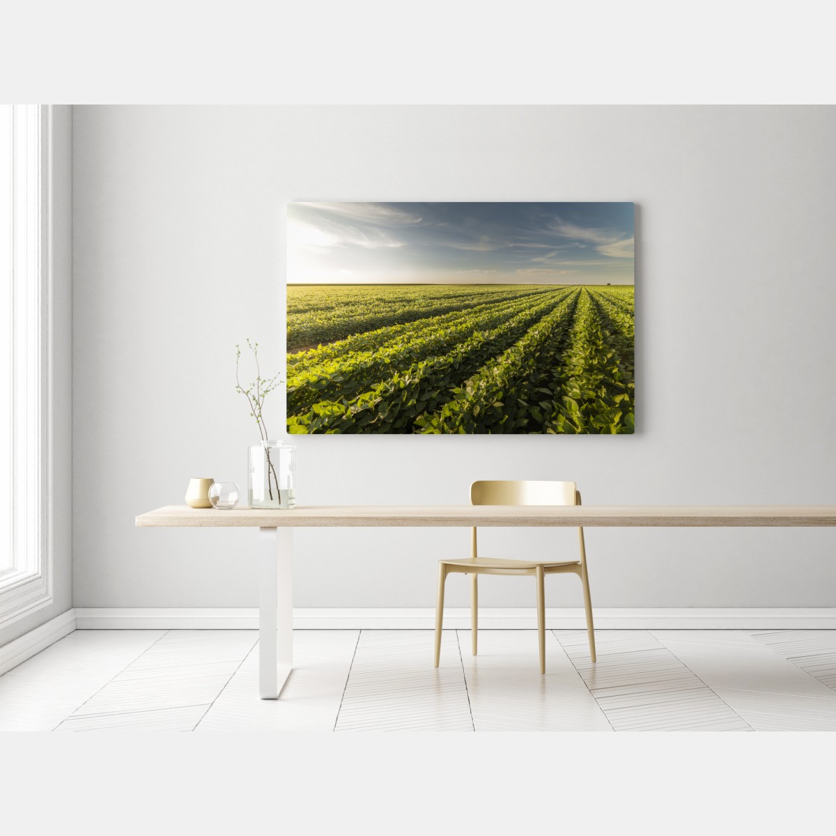 Obraz na płótnie słoneczne pole soi o zmierzchu – Wallissimo® Obraz na płótnie słoneczne pole soi o zmierzchu – Wallissimo®