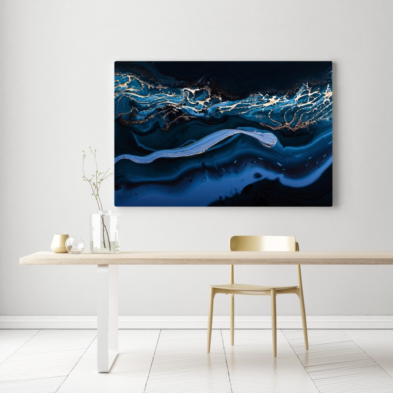Obraz na płótnie granatowo-złota abstrakcja w ruchu – Wallissimo® Obraz na płótnie granatowo-złota abstrakcja w ruchu – Wallissimo®