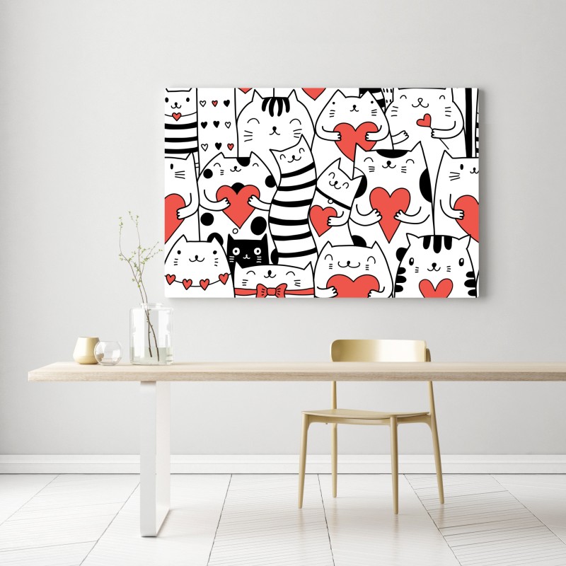 Obraz na płótnie urocze koty z sercami wzór – Wallissimo® Obraz na płótnie urocze koty z sercami wzór – Wallissimo®