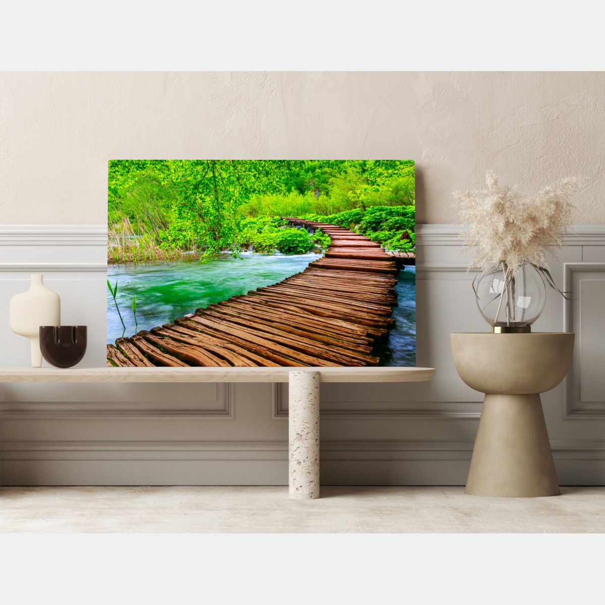 Obraz na płótnie spokojna zielona kładka nad rzeką – Wallissimo® Obraz na płótnie spokojna zielona kładka nad rzeką – Wallissimo®