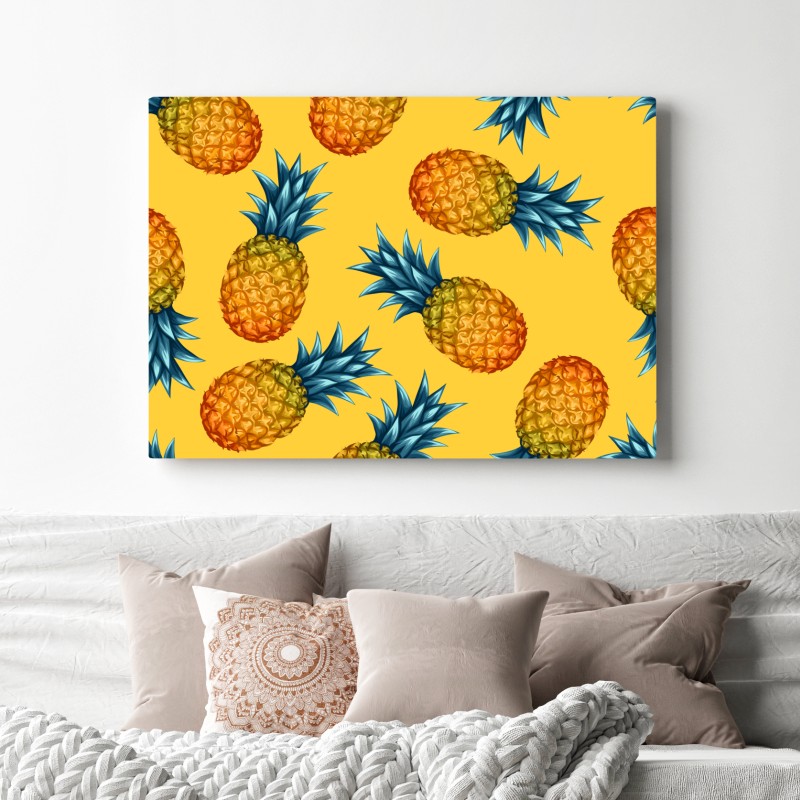 Obraz na płótnie tropikalny wzór z ananasami na żółtym tle – Wallissimo® Obraz na płótnie tropikalny wzór z ananasami na żółtym tle – Wallissimo®