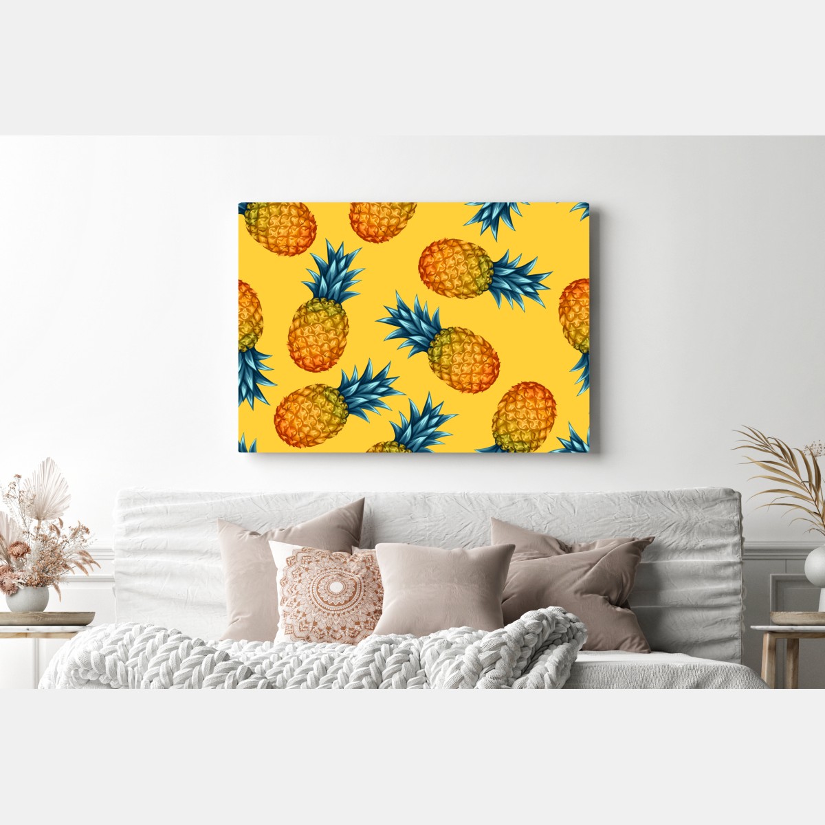 Obraz na płótnie tropikalny wzór z ananasami na żółtym tle – Wallissimo® Obraz na płótnie tropikalny wzór z ananasami na żółtym tle – Wallissimo®