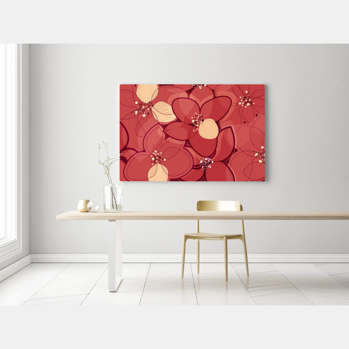 Obraz na płótnie czerwony kwiatowy wzór z beżowymi środkami – Wallissimo® Obraz na płótnie czerwony kwiatowy wzór z beżowymi środkami – Wallissimo®
