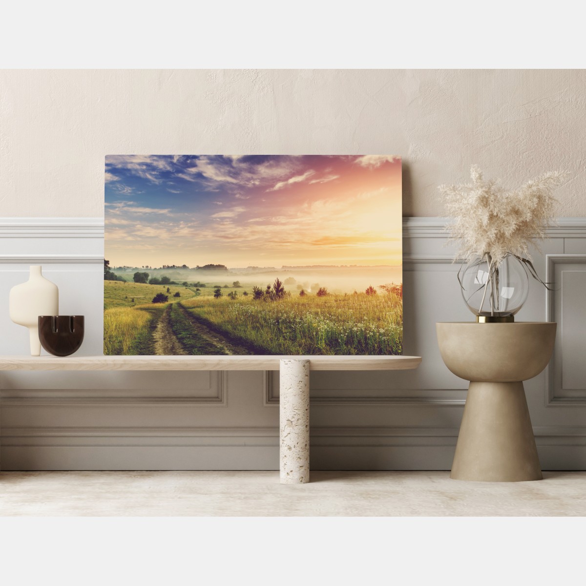 Obraz na płótnie mglisty wschód słońca nad wiejską łąką – Wallissimo® Obraz na płótnie mglisty wschód słońca nad wiejską łąką – Wallissimo®