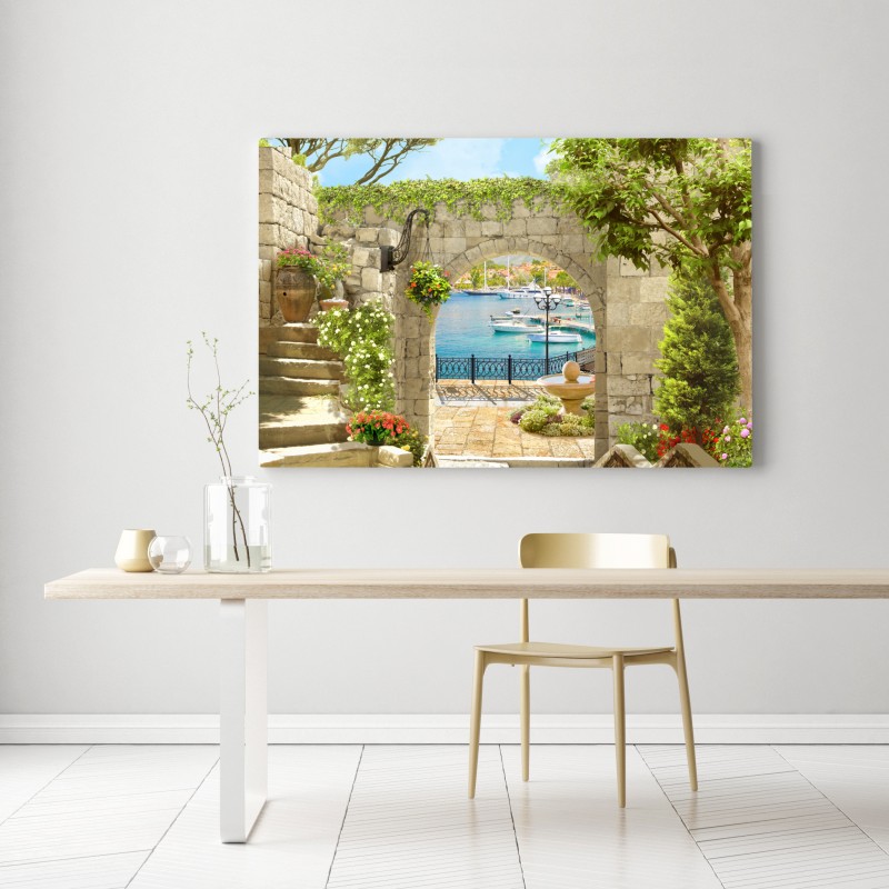 Obraz na płótnie śródziemnomorski widok przez arkadę – Wallissimo® Obraz na płótnie śródziemnomorski widok przez arkadę – Wallissimo®
