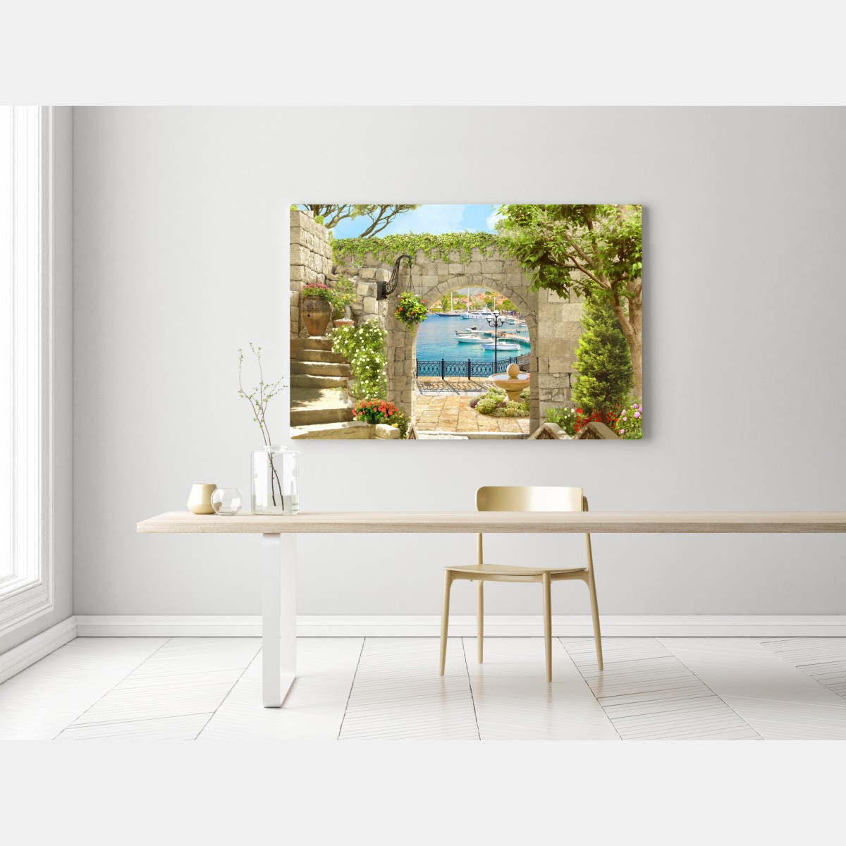 Obraz na płótnie śródziemnomorski widok przez arkadę – Wallissimo® Obraz na płótnie śródziemnomorski widok przez arkadę – Wallissimo®