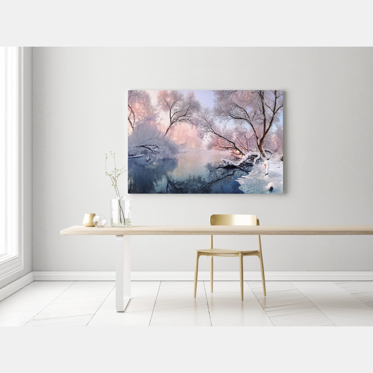 Obraz na płótnie spokojny zimowy krajobraz nad rzeką – Wallissimo® Obraz na płótnie spokojny zimowy krajobraz nad rzeką – Wallissimo®