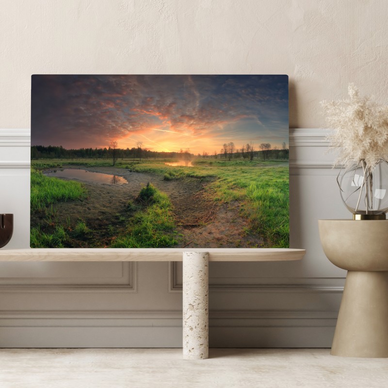 Obraz na płótnie zachód słońca nad spokojną łąką – Wallissimo® Obraz na płótnie zachód słońca nad spokojną łąką – Wallissimo®